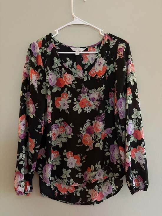 Decree Tops - Decree Women's Black Multi Floral V-Neck Long Sleeve Chiffon Blouse Size Medium